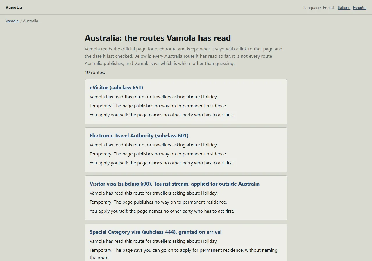 Vamola while it was live: the Australia page listing the 19 visa routes it had read from the official sources, such as eVisitor subclass 651 and the Electronic Travel Authority subclass 601.
